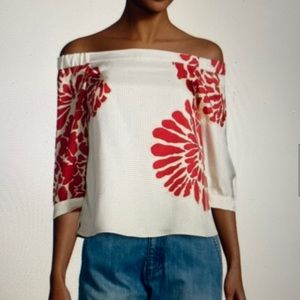 Tibi White Itla Bloom Off-the-shoulder Printed Silk Blouse